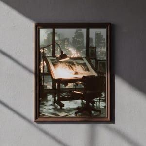 Könnte beinhalten: Ein gerahmter Druck zeigt einen Vintage-Zeichentisch, der von einer Schreibtischlampe beleuchtet wird, mit einer durch ein Fenster sichtbaren Stadtlandschaft. Die Szene ist in gedämpften Tönen gehalten und erzeugt eine nostalgische Atmosphäre. Ein Lederstuhl steht vor dem Tisch.