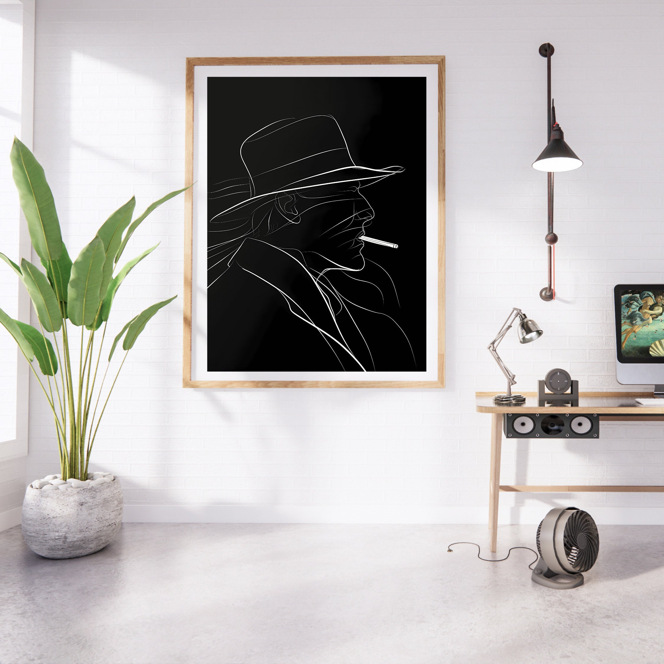 Gangster Silhouette Line Art, Black and White Noir Art Print