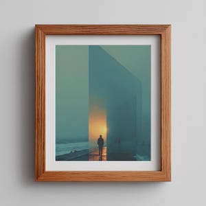 May include: Framed art print featuring a person walking towards a bright sunset. The artwork has a teal and orange color palette, with a geometric design overlaying the scene. The frame is made of light brown wood.