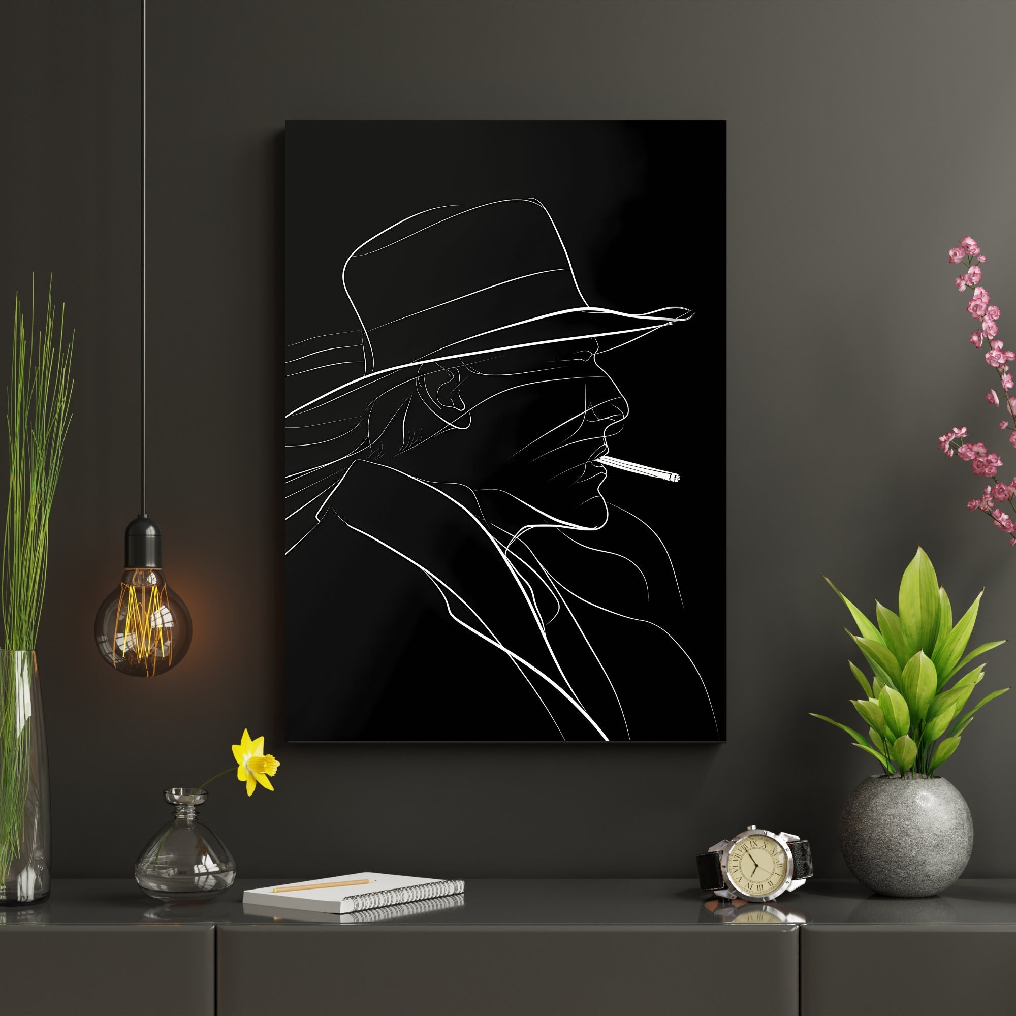 最新発見 Gangster Silhouette Line Art, Black and White Noir Art Print トップス