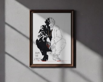 Urban Street Art Printable - Crouching Figure in Suit, Graffiti Motivational Art, Edgy Monochrome Black Silhouette Wall Decor 3