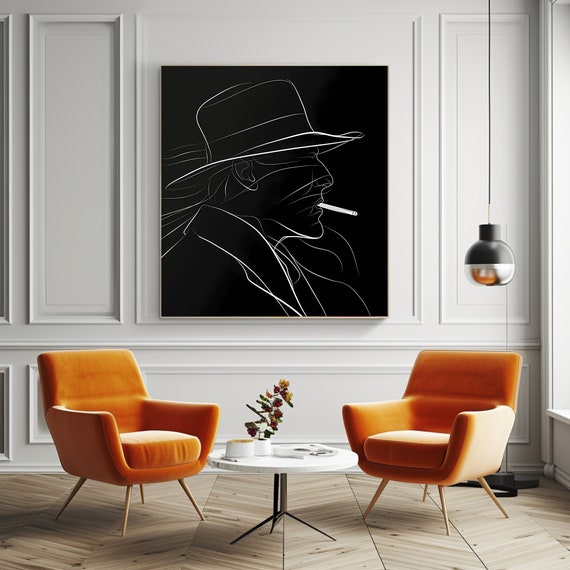 Gangster Silhouette Line Art, Black and White Noir Art Print