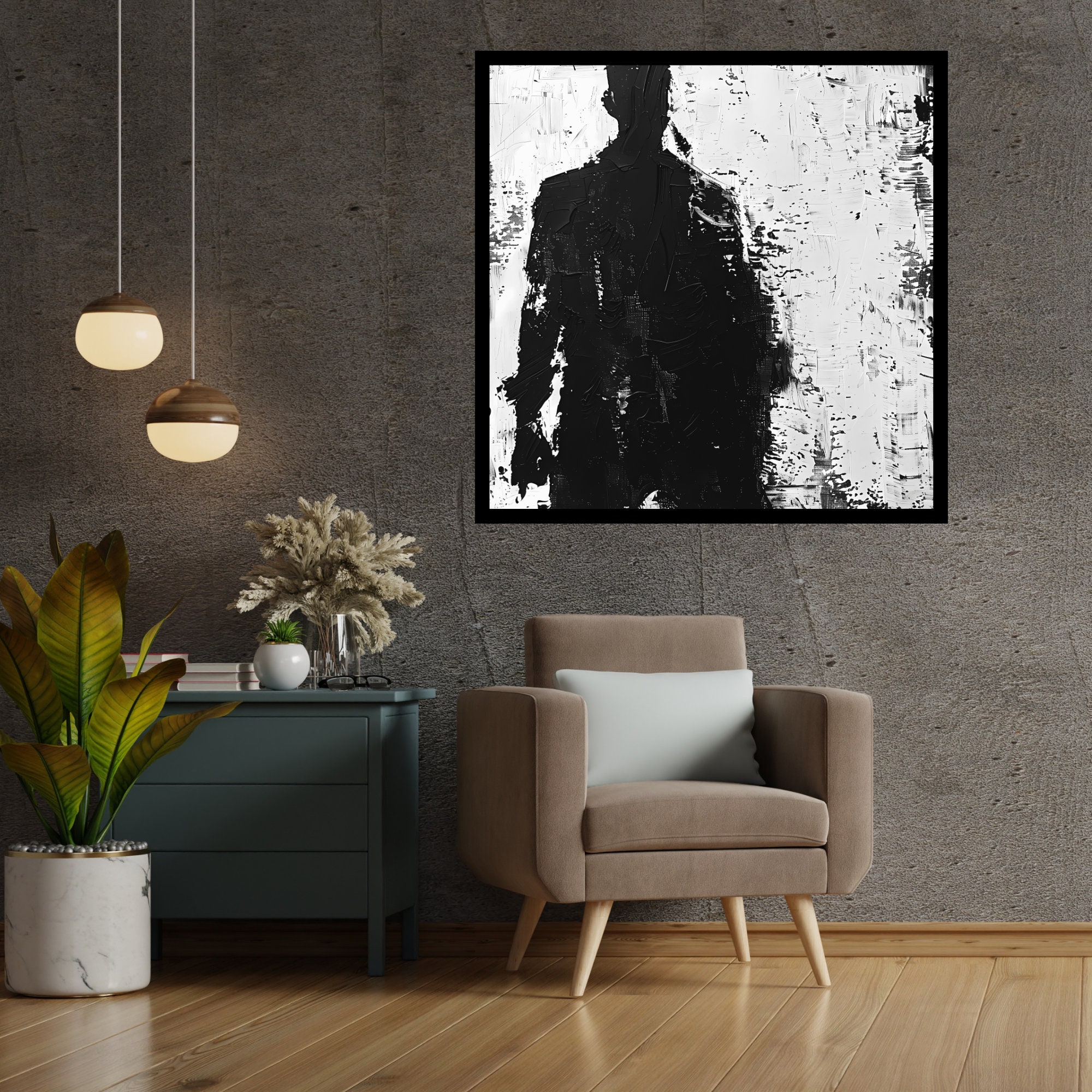 Gangster Silhouette Line Art, Black and White Noir Art Print