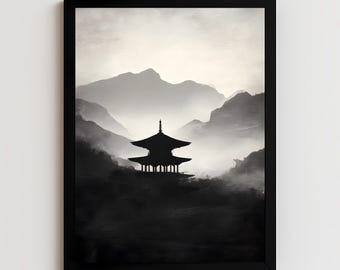 Misty Mountain Pagoda Art : Japanese Ink Temple Landscape for Calm Minimalist Interiors (Digital Poster)