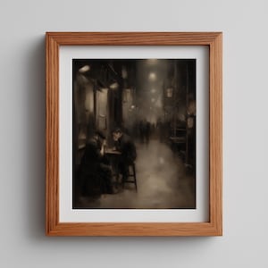 May include: A framed print of a sepia-toned painting depicting two figures seated at a table in a dimly lit alleyway. The artwork evokes a sense of nostalgia and mystery, with blurred details and soft lighting.