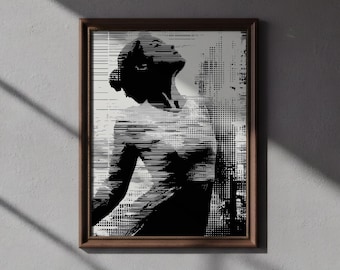 May include: Black and white art print of a person in a wooden frame. The image is a digital illustration with a halftone effect, depicting a figure with a blurred, abstract appearance. The artwork is mounted on a gray wall.