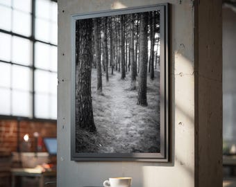 Monochrome Forest Path Poster : Black and White Minimal Landscape Print, Calm Scandinavian Nature Wall Art (Digital Poster