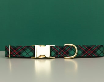 Hunter green plaid dog collar with red and black. Classic look that never goes out of style and looks great on many fur colors.