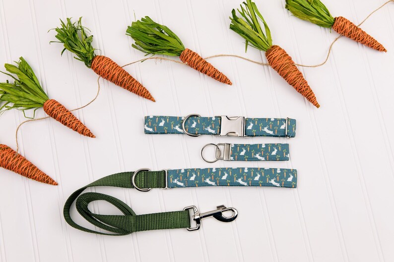 May include: Two dog collars and a matching leash with a teal blue background and a white bunny rabbit and carrot pattern. The collars and leash are on a white surface with a string of carrots with green tops.