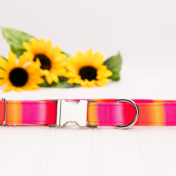 Pink Orange Sunset Ombre Dog Collar. 100% cotton in varying shades of pink, orange, red and yellow stripes.