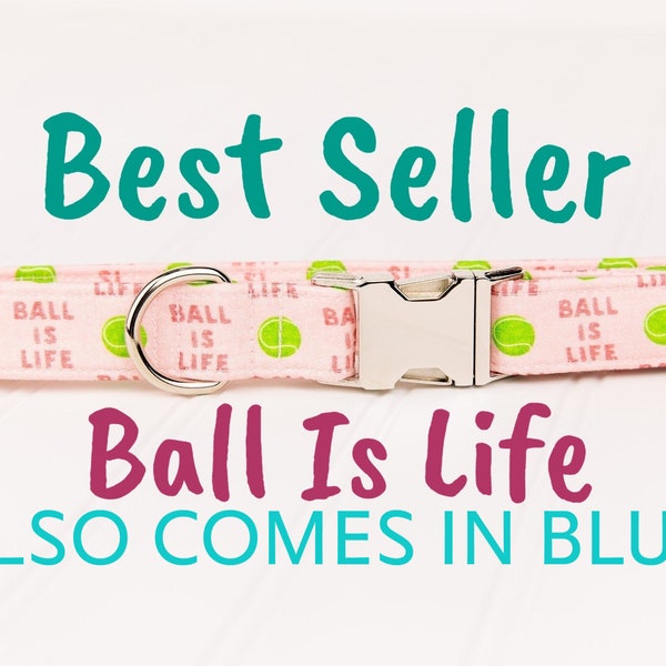 Ball Is Life Dog Collar. Organic Cotton Pink, Green Tennis Balls. Ideal for the Feminine Tennis Player or Devoted Girly Fetch Enthusiast
