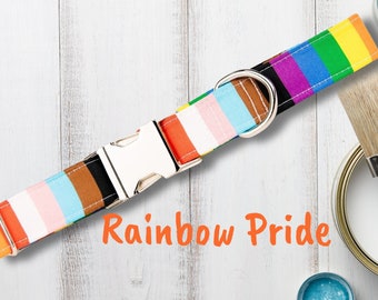 Celebrate Pride, Love & Equality with Your Pup with this Progress Pride Flag Dog Collar. 11 Vibrant Multicolored Stripes 100% Organic Cotton