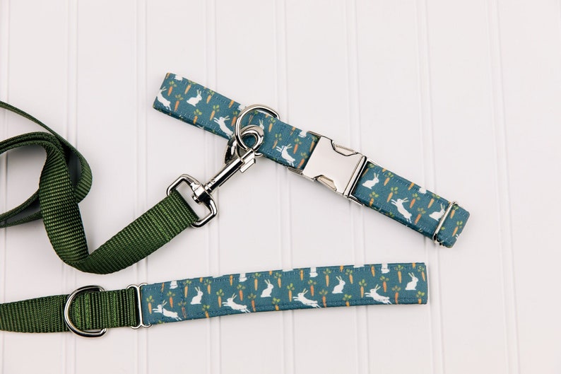 Cute White Bunnies Playing Around Carrots on Slate Blue Background 100 Percent Organic Cotton Handcrafted Dog Collar image 4