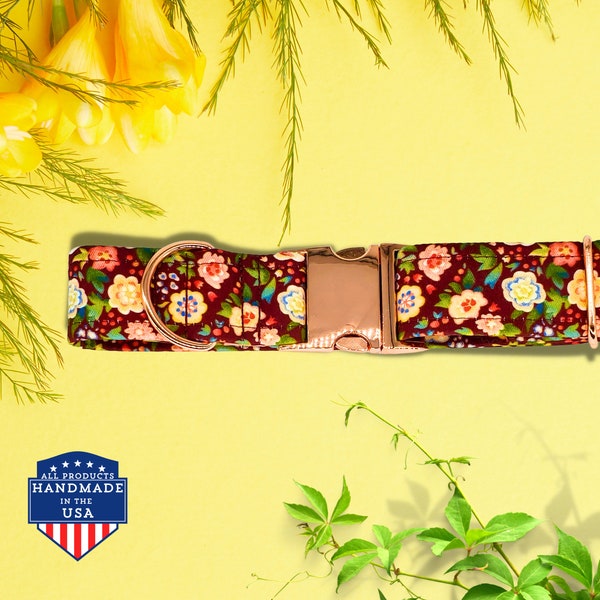 Burgundy Coral Floral Dog Collar. Such a fun collar for when you want to accessorize your pup with a lovely bunch of sweet fun bold flowers.