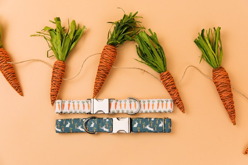 May include: Two dog collars with different patterns. The top collar has a white background with orange carrots printed on it. The bottom collar has a blue background with white rabbits printed on it. Both collars have silver buckles and are displayed against a light orange background with a string of orange carrot decorations.