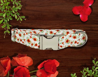 Tiny Red Poppies on this Charming Dog Collar Have a Look of Being Hand Painted and are Adorned with Delicate Leaves in Subtle Greens & Grays