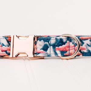 Pink Cotton Candy Clouds Dog Collar. Water Resistant Recycled Canvas with Dusty Blue and White Mountain Like Shapes Among Pink Puffy Clouds
