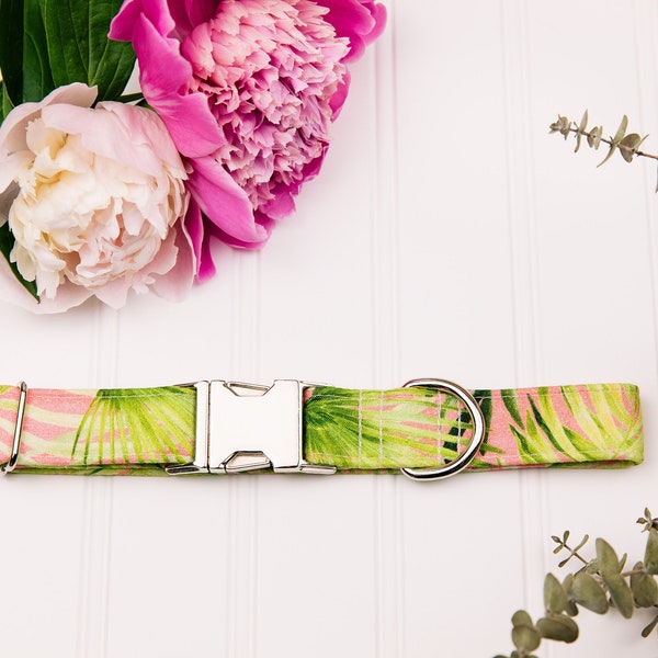 Pink & Green Tropical Foliage Dog Collar.Palm Frawn Have That Walk on the Beach Feel Every Day. Pretty Girly Organic Cotton
