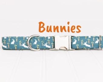 Cute White Bunnies Playing Around Carrots on Slate Blue Background 100 Percent Organic Cotton Handcrafted Dog Collar