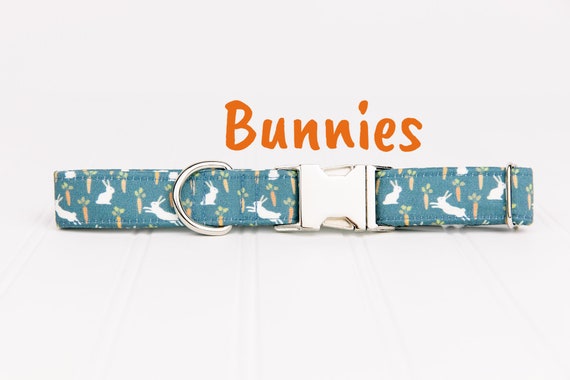 Cute White Bunnies Playing Around Carrots on Slate Blue Background 100 Percent Organic Cotton Handcrafted Dog Collar