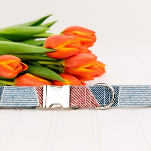 May include: A blue and red patterned dog collar with a silver buckle and a silver D-ring.