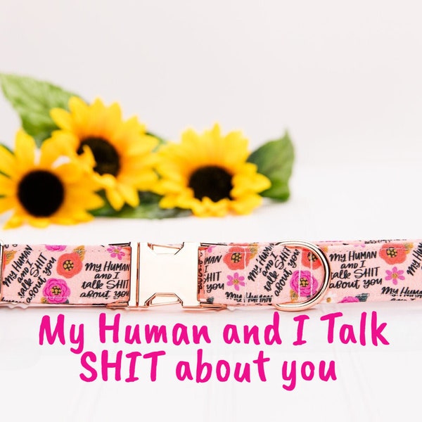 My Human and I Talk Shit About You Dog Collar. Funny Trash Talking Pink and Coral Floral Organic Cotton Collar Will Spark Up Conversations