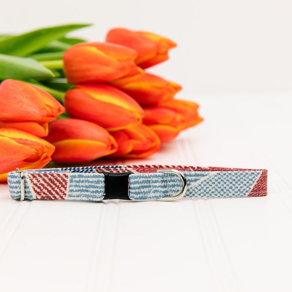 Patchwork Denim Cat Collar Blends Retro Charm With a Touch of Modern Flair With Light & Dark Blues and Reds Criss Crossed Throughout