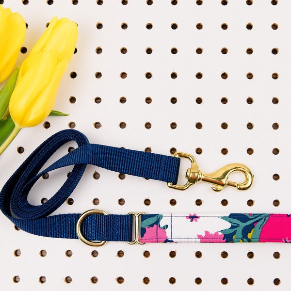 Big Blooms Dog Leash with Hot Pink, Navy, Gold, Teal, White, Light Pink & Blue. Vibrant Colors. Look Gorgeous Walking Your Girly FurBaby