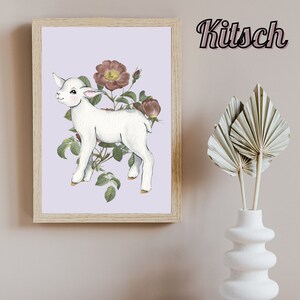 Cute Kitsch Vintage Lamb Art Print | Ready to print at home - Printable Art Digital File | Retro Art Print Instant Download