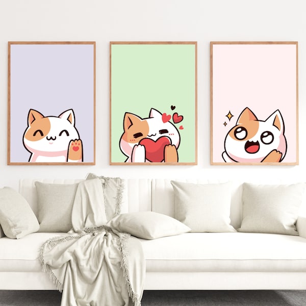 Set of 3 Cute Cat Kawaii Art Prints | Ready to print at home - Printable Art Digital File | Kitty Kitten Anime Japanese