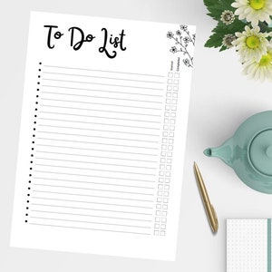 May include: A black and white printable to-do list with a floral design in the top right corner. The list has a section for "Started" and "Completed" tasks.