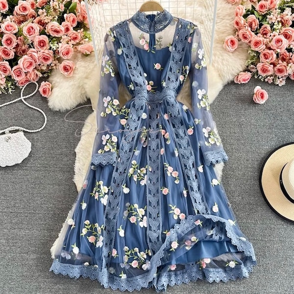 Bohemian Dress, Lace Mesh Flower Embroidery Boho Dress, Long Sleeve vintage Boho Dress