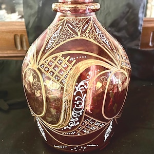 Bohemian Cut to Clear Cranberry Glass Crystal Decanter, Vintage, Ringed Neck, 24” Tall, Gold Heart Leaves Design, Hand Painted, Etched Gold