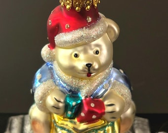 Merck Family’s Old World Christmas Glass Polar Bear, Night Capped Teddy Bear Holiday Christmas Tree Ornament with Gold Bag of Gifts, Sparkly