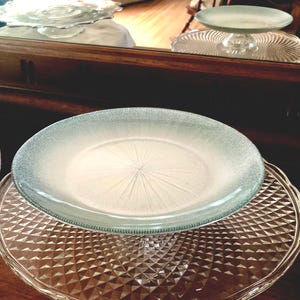 1920’s Exquisite Rare Frosted Blue, Center Star, Pleated Glass Pattern, Hand Blown, Footed, Cake Plate, Cake Stand, Pastry Stand, 8.5” Dia