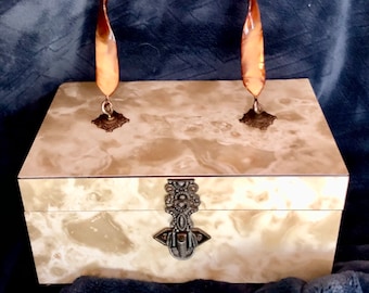 1950’s Tortoiseshell Pearlescent Swirl Box Purse: Original Curved Lucite Handle, Inside Mirror, Gold Velvet Lining and Hardware, Incredible