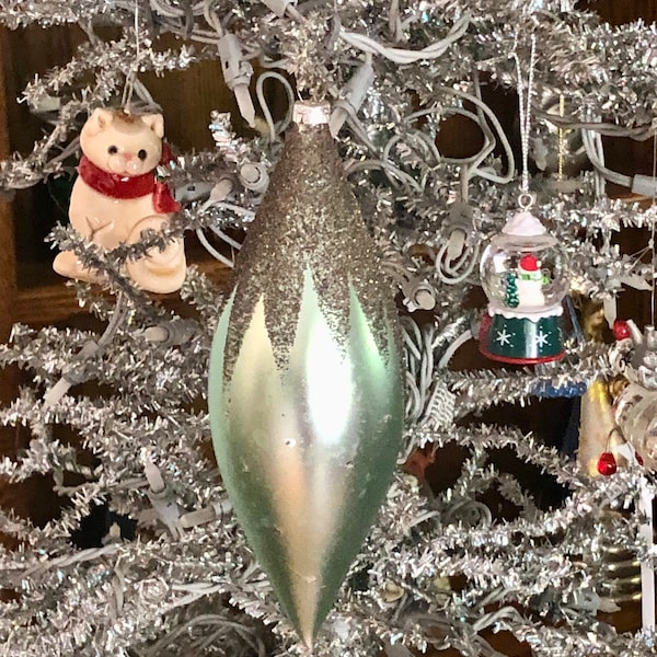 Vintage Style Seafoam Green Glass Finial Drop Silver Glitter Holiday Christmas Tree Ornament