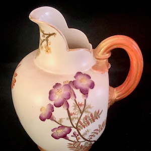 Rare 1886 Antique Royal Worcester Crown Gold Handle Pitcher, Hand Painted, Artist Signed, Numbered Gorgeous, Japonisone Style