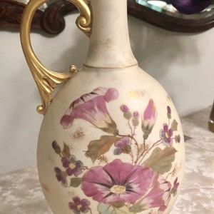 Rare 1890 Antique Royal Worcester Crown Gold Handle Pitcher, Hand Painted Japonisone Style, Gold Gilded, Numbered