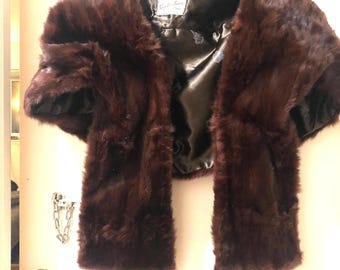 1950’s Michael Henri, Oakland, CA, Handmade Mink Fur Stole: Chocolate Brown Silk Lined Cape, Mink Wrap, Hidden Silk Pockets, Signed, Label