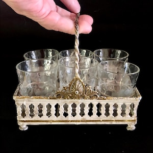 Delicate 1800’s Victorian Cut, Hammered and Etched Glass, Aperitif or Cordial Glasses, 6, in White & Gold Vintage Display w/Twist Handle
