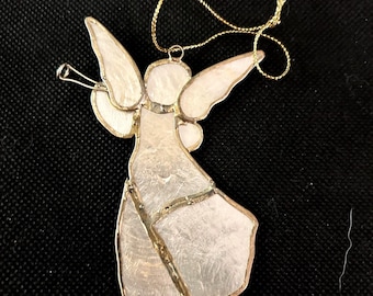 1950s Vintage Capiz Shell Handmade Flying White Angel with Trumpet Christmas Ornament, Gold and Reflective White Seashells Angel- Gorgeous!