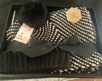 Nine West NEW in Original Box, Beanie Hat and Cozy Scarf Set: Black Herringbone Scarf and Amazing Matching Beanie with Faux Fur and Pom Pom