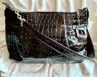 Brighton Vintage Leather Handbag: Soft Square Brown Leather Patchwork, Brighton Vintage Silver Accents, Shoulder Strap, Crossbody