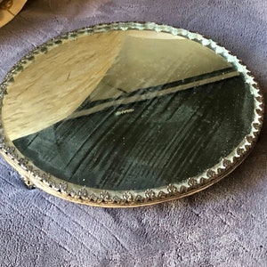 Antique Round Bevelled Edge Large mirror/tray with wooden frame Large 21”