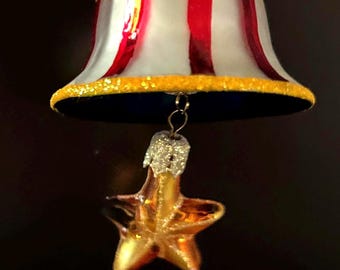 1950s Hand Painted Glass Liberty Bell Christmas Ornament with Star