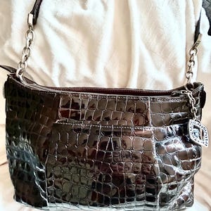 Brighton Vintage Signature Leather & Silver 2 Handled Brown Handbag or Purse, Square Patched Leather, Silk Lined, Zipper Close, Key Holder