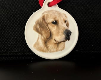 Vintage Polished Ceramic Glass, Beautifully Painted, Yellow “Golden Retriever ” Holiday Christmas Tree Ornament, Decoration