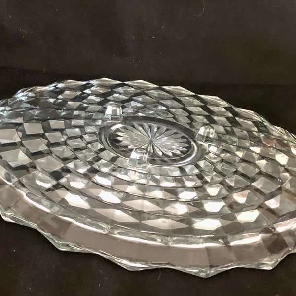 1960’s “AMERICAN CLEAR” Pattern by Fostoria Block Optic Design XL Footed Glass Cake Plate with Raised Diamond Edges—Vintage Amazing