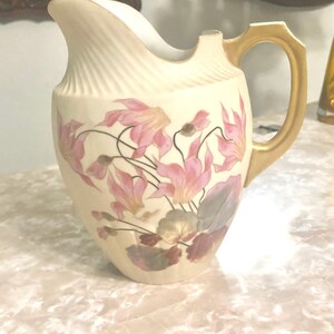 Rare 1890 Antique Royal Worcester Crown Gold Handle Double Flute Pitcher, Hand Painted & Numbered, Japonisone Style